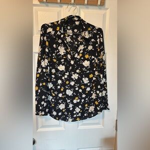 EUC Ann Taylor Black Blouse with White and Yellow Floral Design